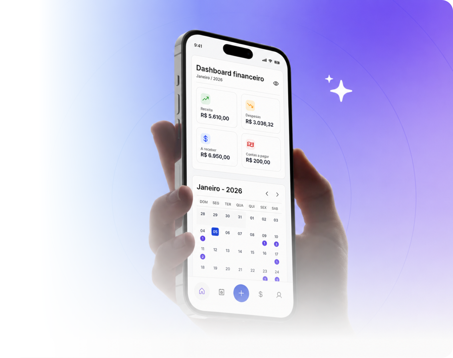 Mão segurando um celular com o Stage aberto, mostrando dashboard financeiro e calendário